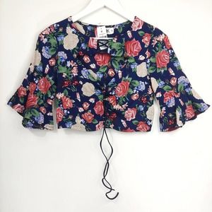 NWT SEEK The Label floral flutter sleeve lace up crop top S navy boho festival